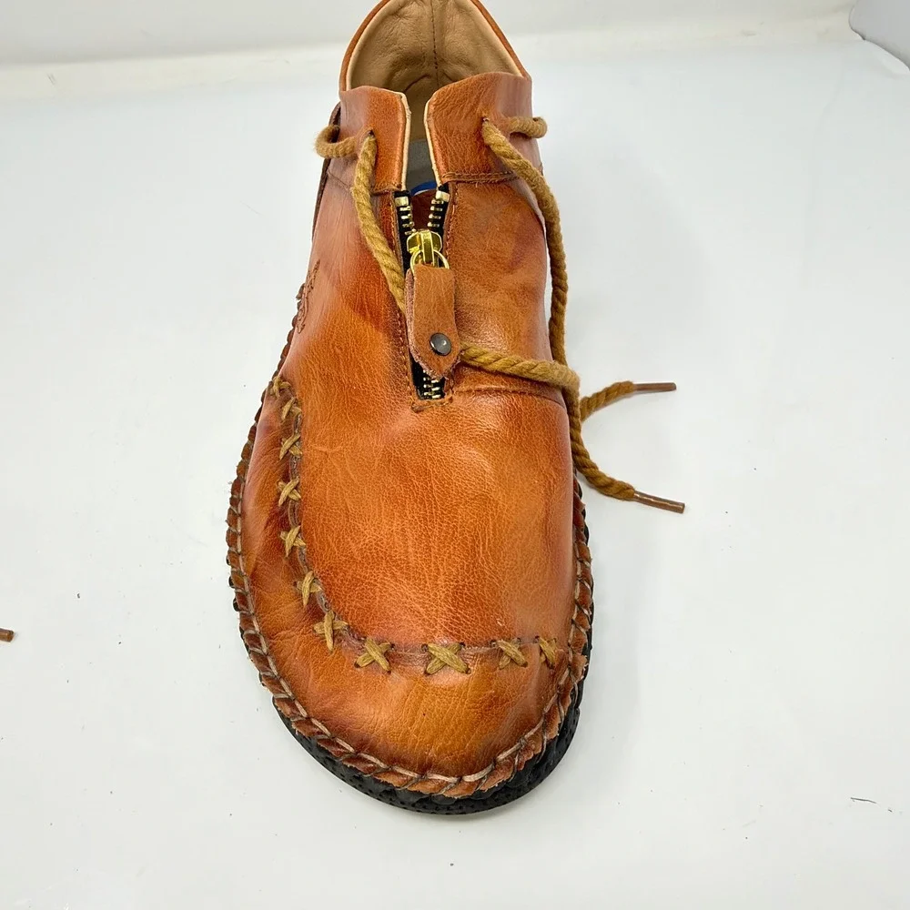 Vintage Brown Leather Front Zip Moccasin Ankle Boots Rope Accent Hand Stitched